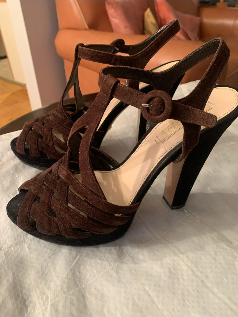 Prada Dark Brown Suede Woven T-Strap High Heels